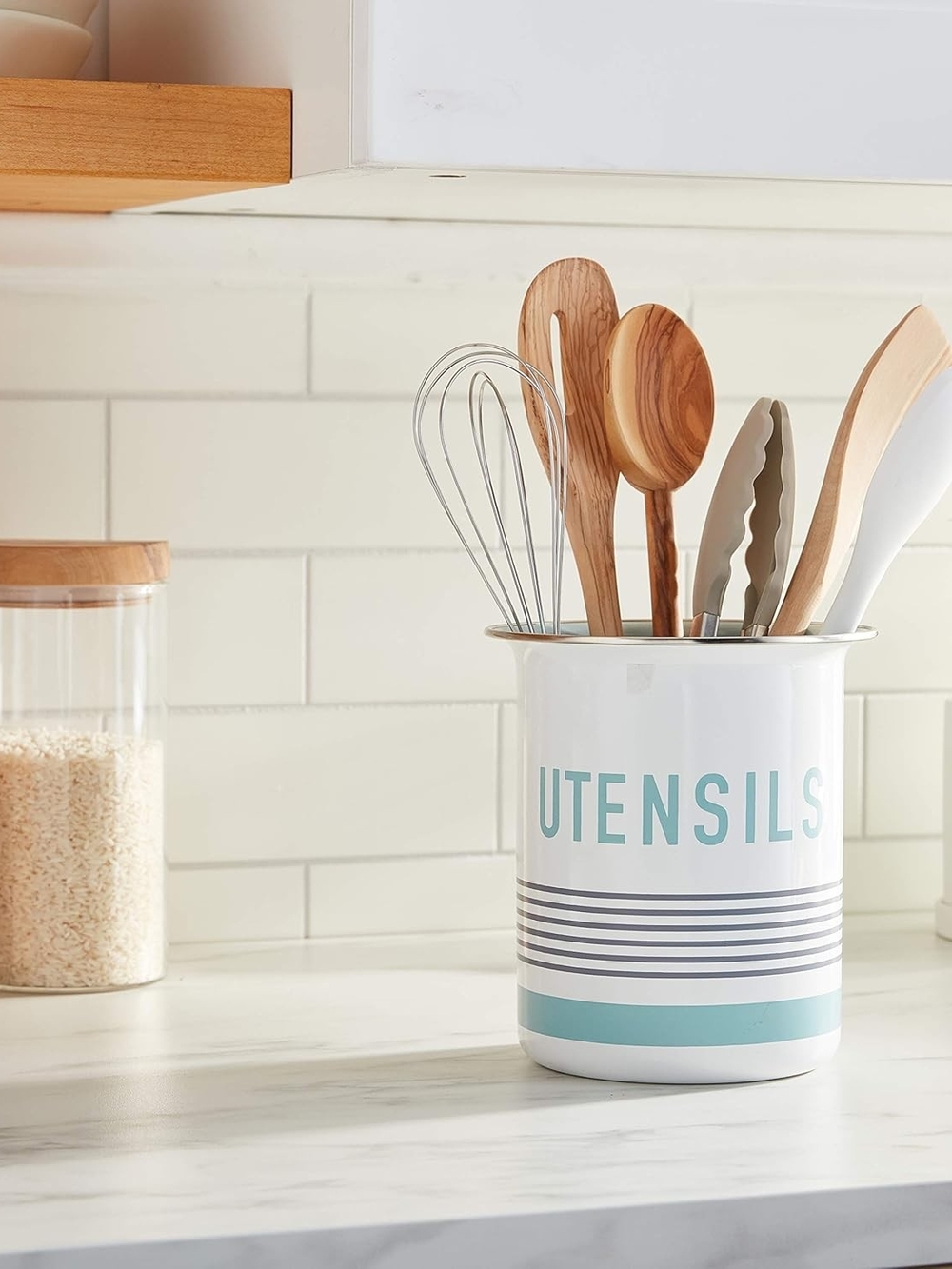 Metal Utensil Crock in White with Aqua Accents